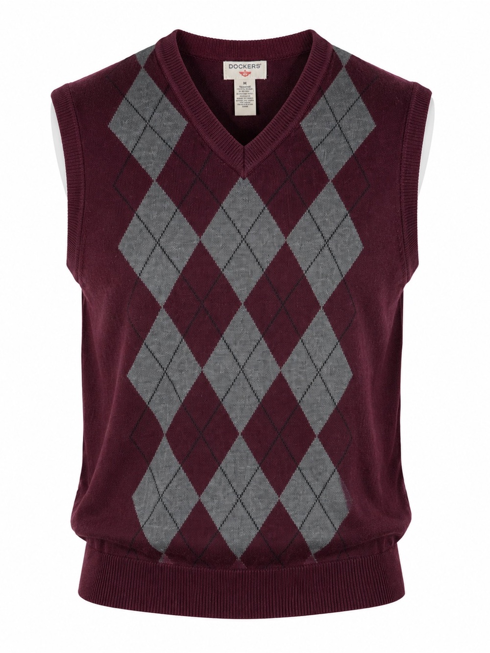 Dockers Men’s Argyle Sweater Vest Size Medium Burgundy Gray V-Neck